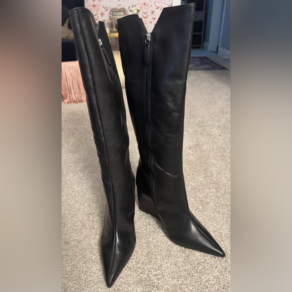 Women’s Schutz Black Leather Knee-High Wedge Boots size 10.5